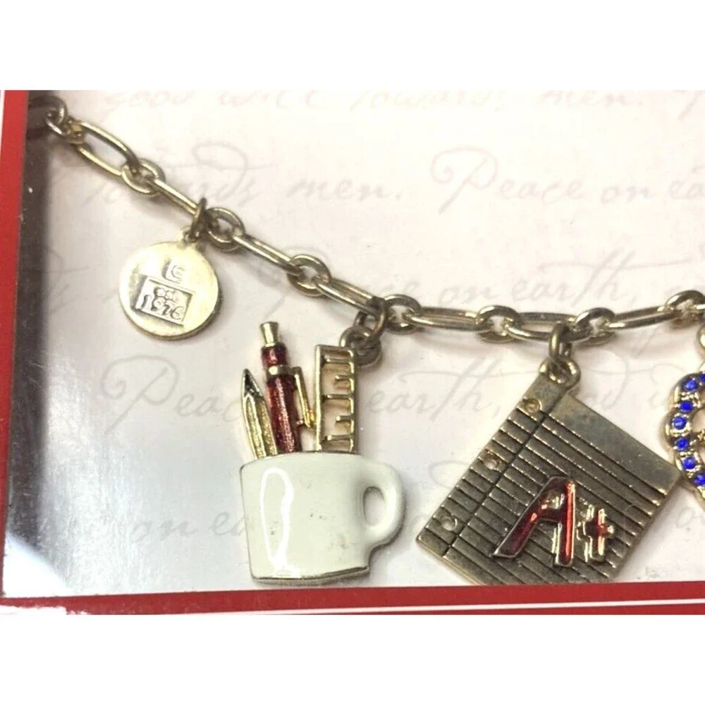 Teacher charm bracelet apple books paper cup pencils NIB Claiborne boho cute